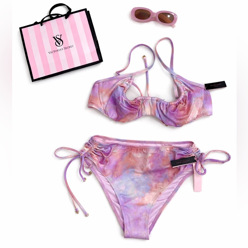 Victoria’s Secret 34C/S Pastel Tie Dye Bikini Set NWT Ruched Side Adjustable